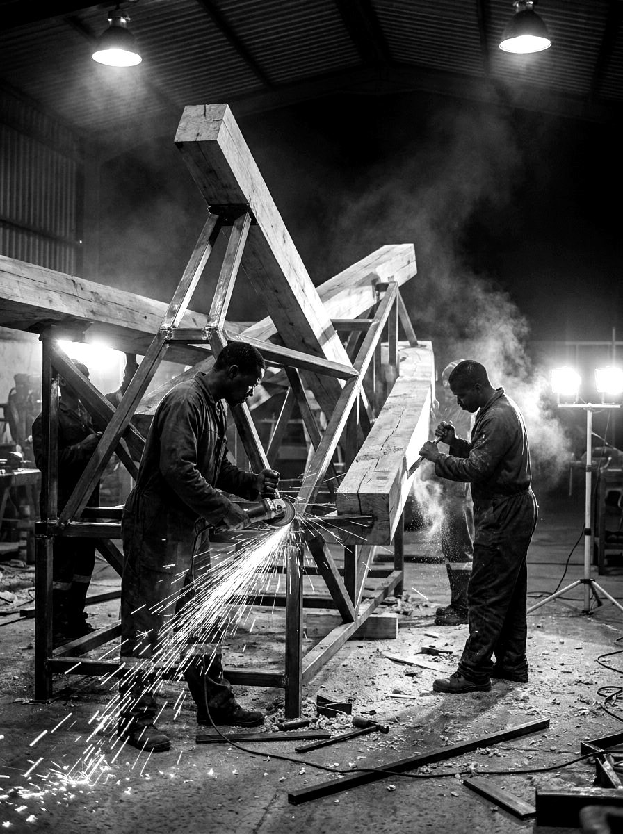Craftsmen assembling a large timber set piece in a workshop with grinder sparks